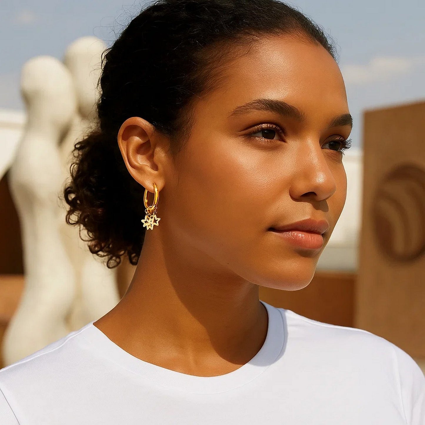 14K Yellow Gold Endless Star Charm Huggie Hoop Earrings