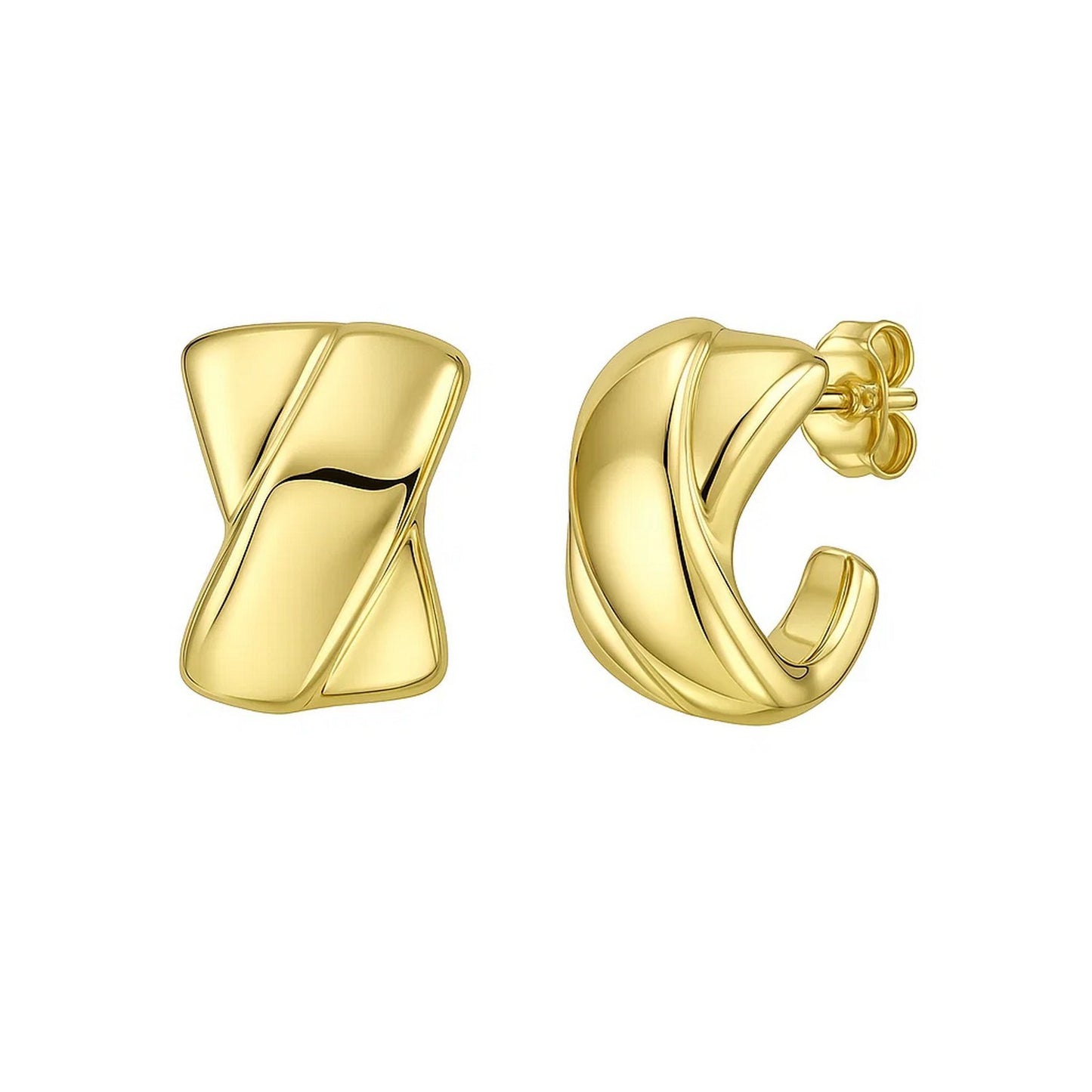 14K Yellow Gold Puffed X C Hoops Earrings