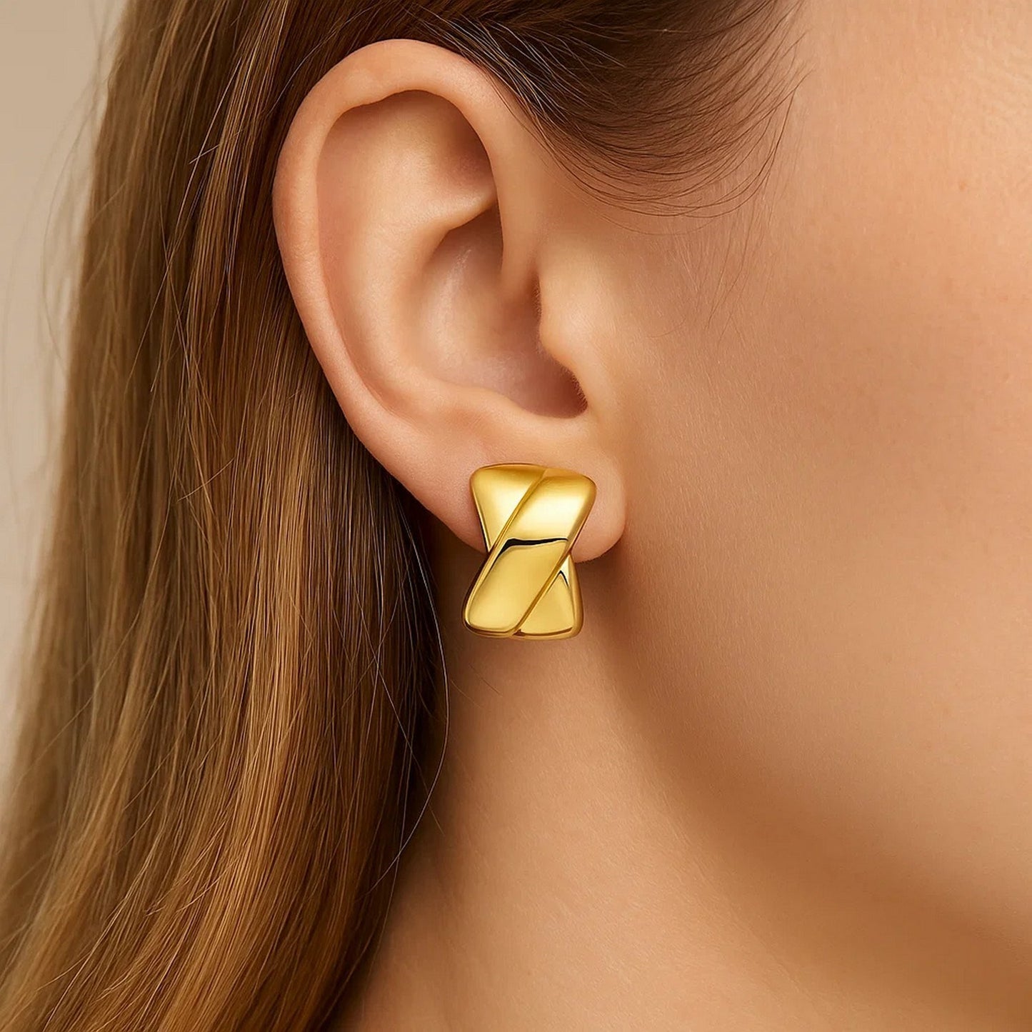 14K Yellow Gold Puffed X C Hoops Earrings