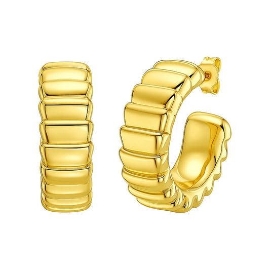 14K Yellow Gold Ribbed C Hoop Earrings