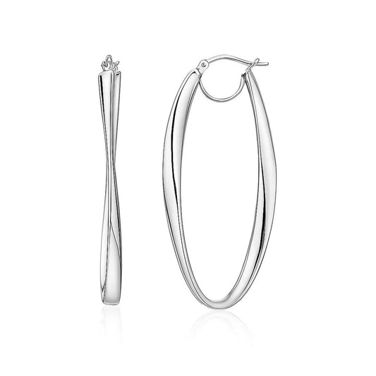 14k White Gold Twist Motif Oval Shape Hoop Earrings