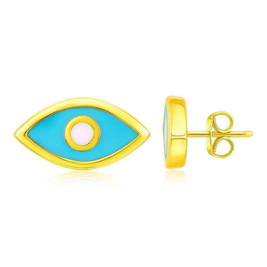 14K Yellow Gold Blue Evil Eye Earrings with Enamel