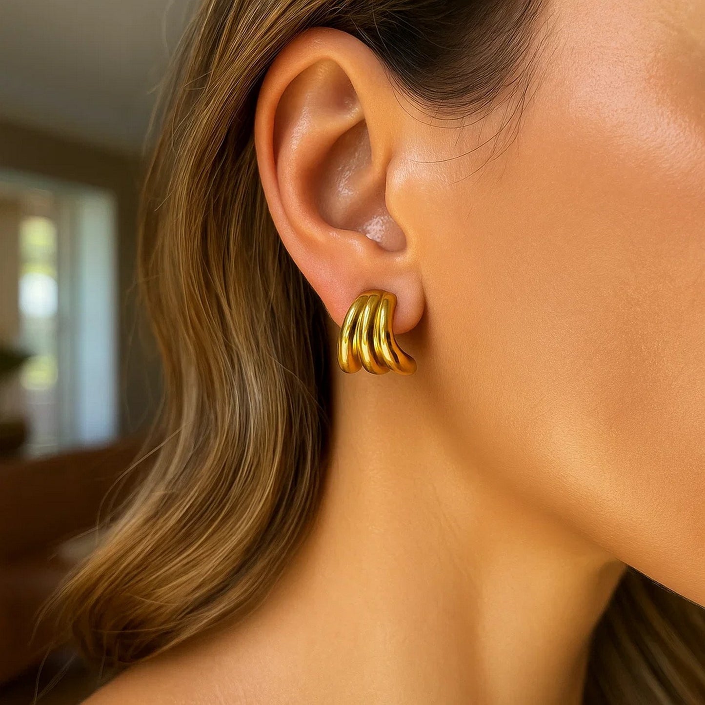 14K Yellow Gold Triple Row Splayed Hoop Earrings