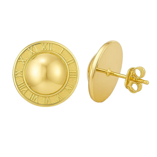 14K Yellow Gold Roman Numeral Button Stud Earrings