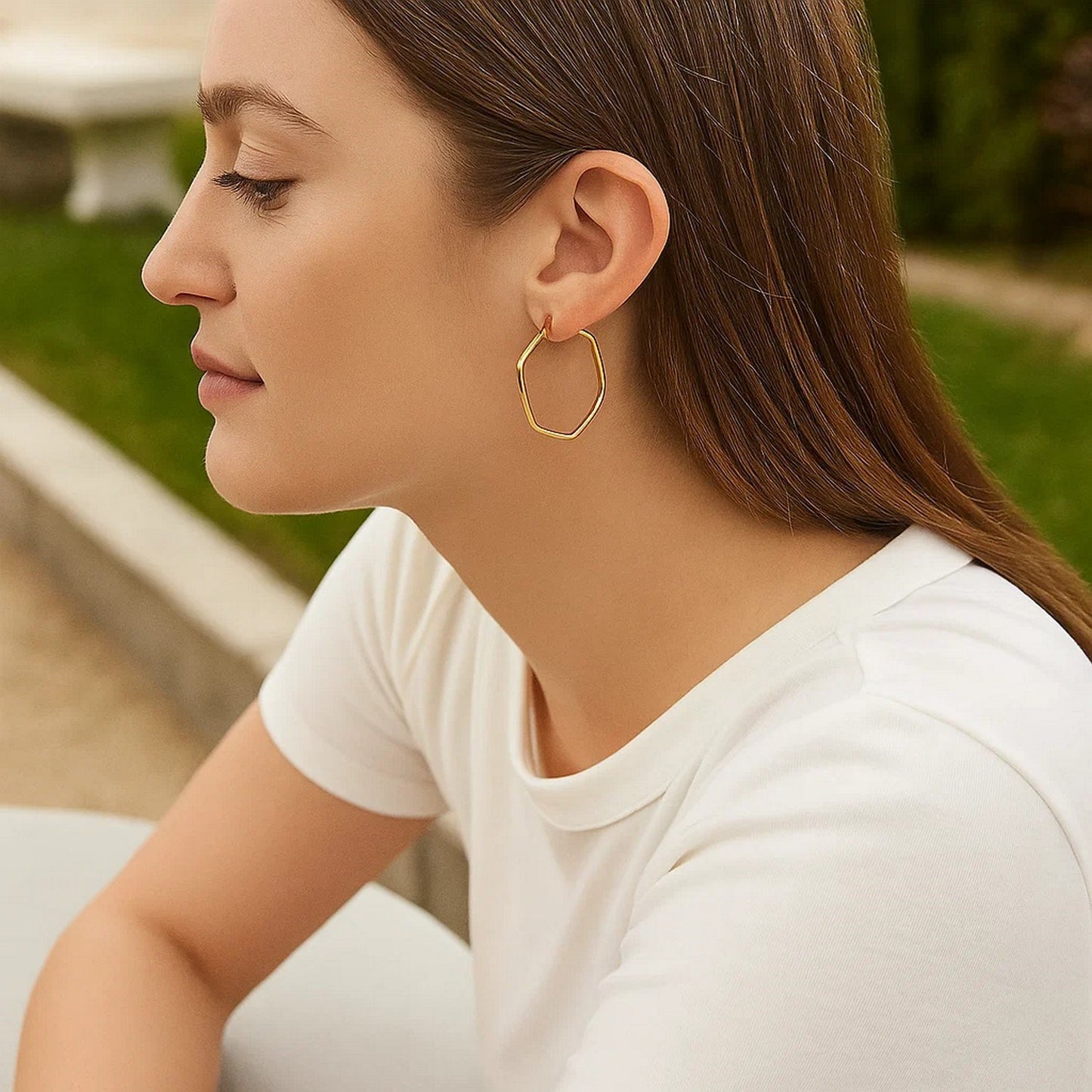 14K Yellow Gold Hexagon Hoop Rounded Edge Earrings