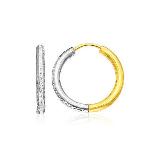 14k Two-Tone Gold Hoop Earrings with Textured Style(2.5x15mm)