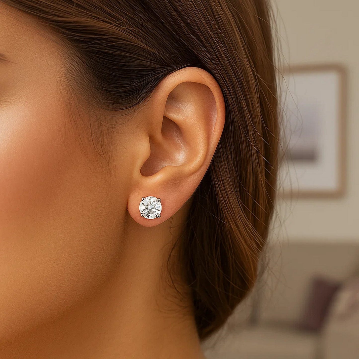 14k White Gold Stud Earrings with White Hue Faceted Cubic Zirconia(6mm)