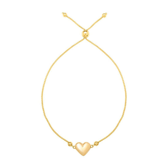 Adjustable Puffed Heart Draw String Bracelet in 14K Yellow Gold