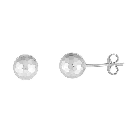 14k White Gold Ball Earrings with Faceted Texture(7mm)