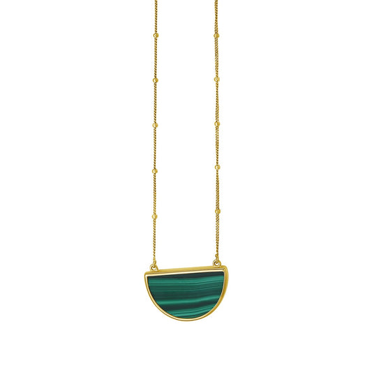 Malachite Geometric Half Moon Necklace in 14K Yellow Gold