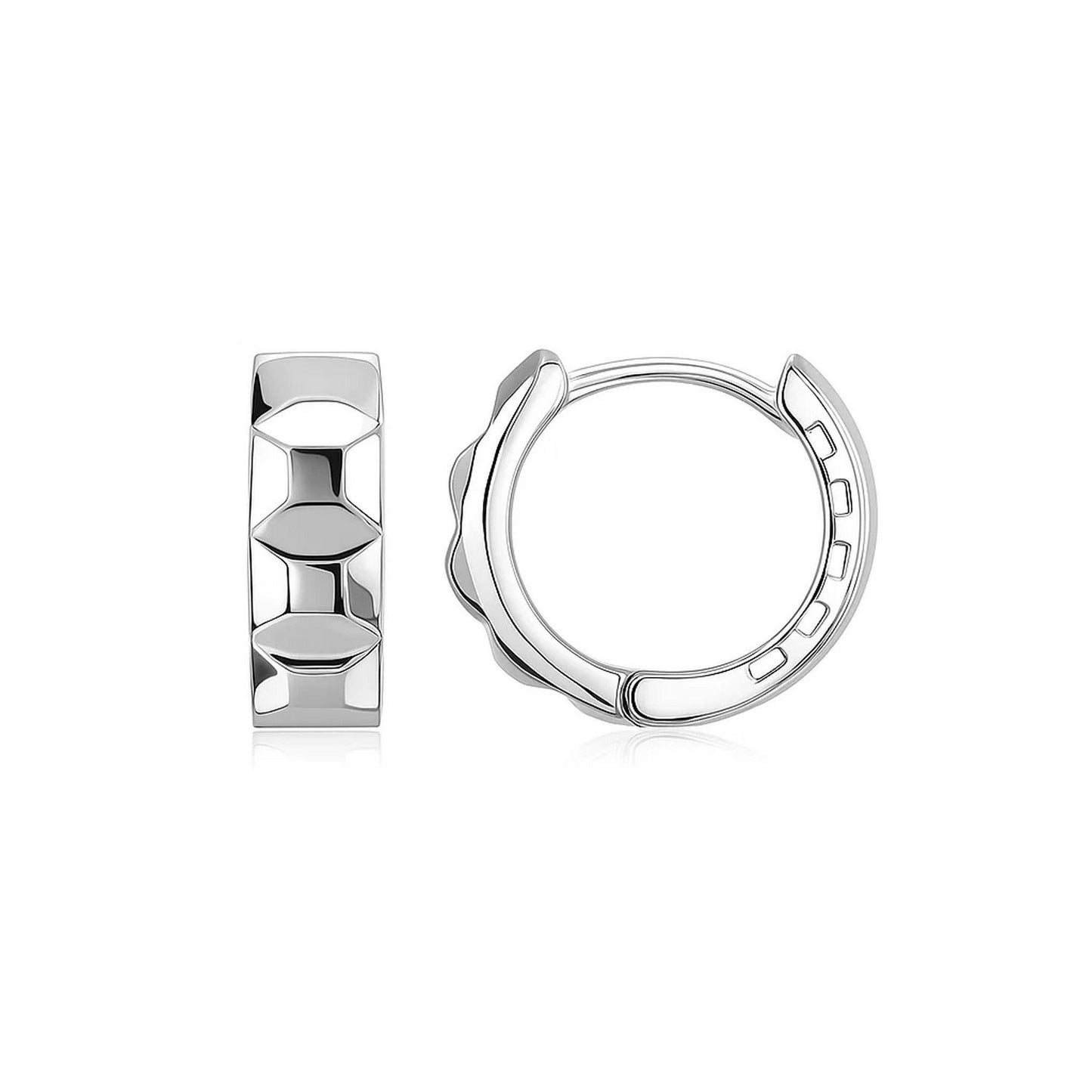 14K White Gold Square Motif Faceted Huggie Earrings