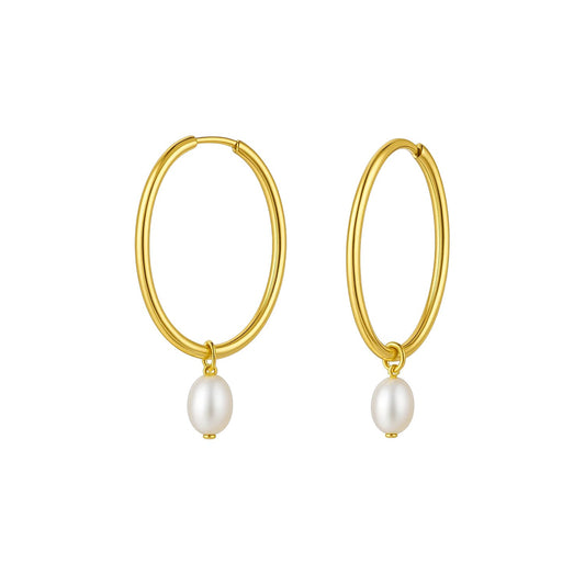Pearl Drop Oval Earrings in 14K Yellow Gold