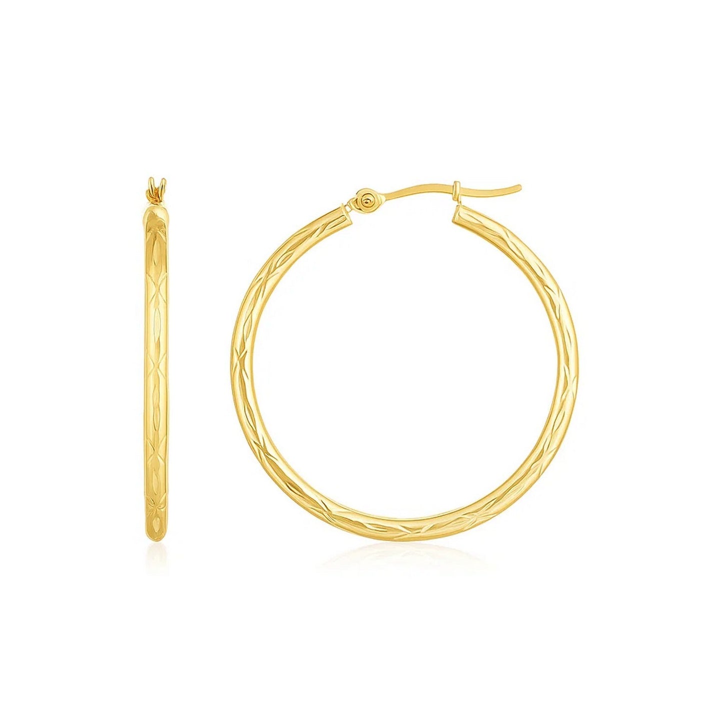 14K Yellow Gold Diamond Cut Hoop Earrings(2x30mm)