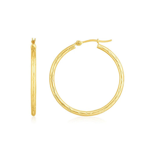 14K Yellow Gold Diamond Cut Hoop Earrings(2x30mm)