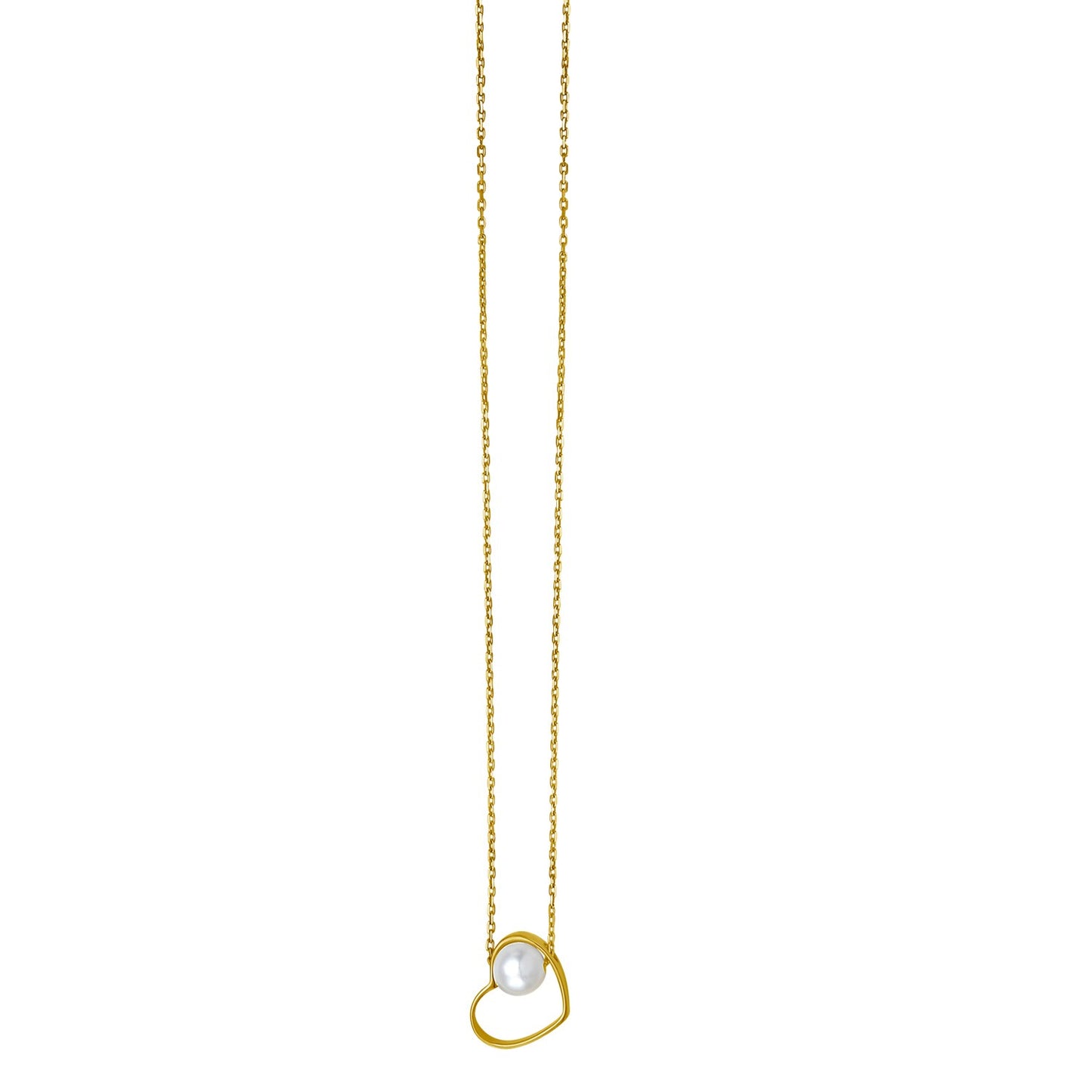 Open Heart and Pearl Necklace in 14K Yellow Gold