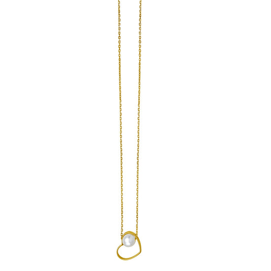 Open Heart and Pearl Necklace in 14K Yellow Gold