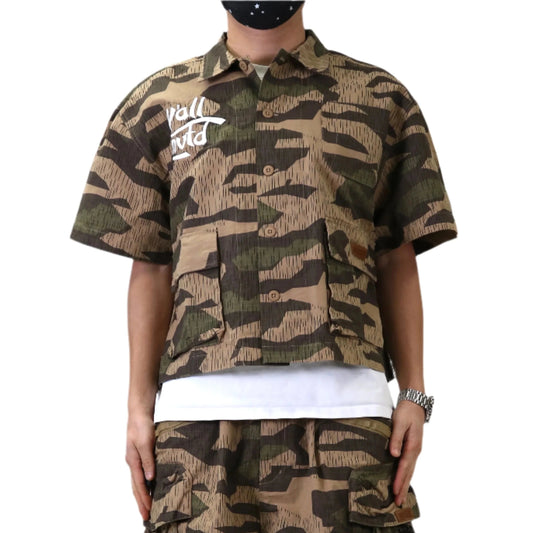 Fine Ripstop Twill Boxy Cut Crop Top Short sleeve Button down Shirt