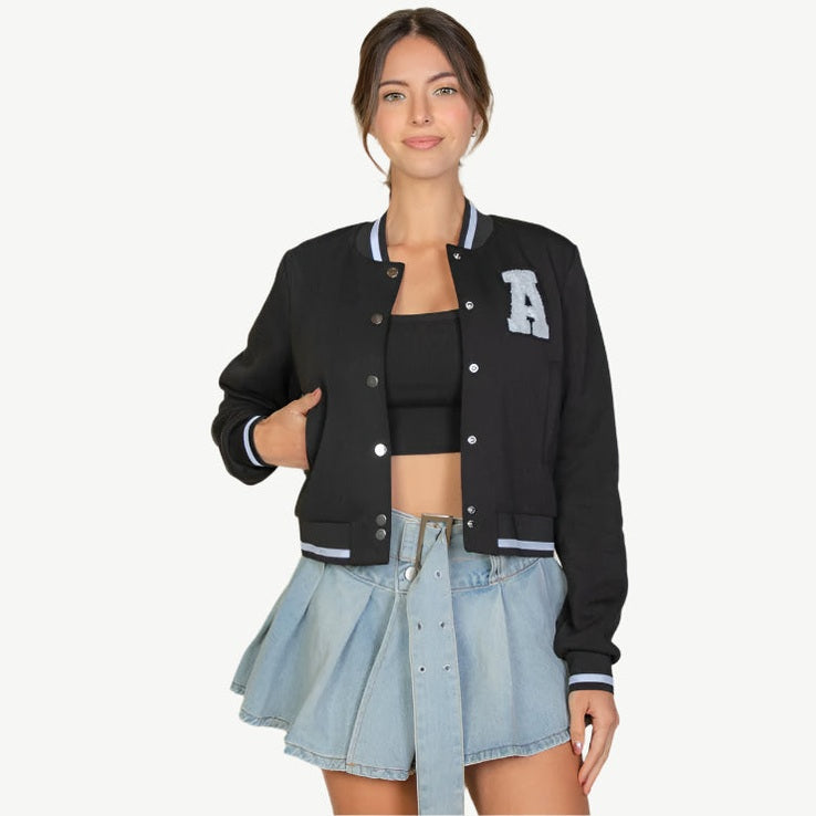 EZwear Letter Patched Crop Varsity Jacket