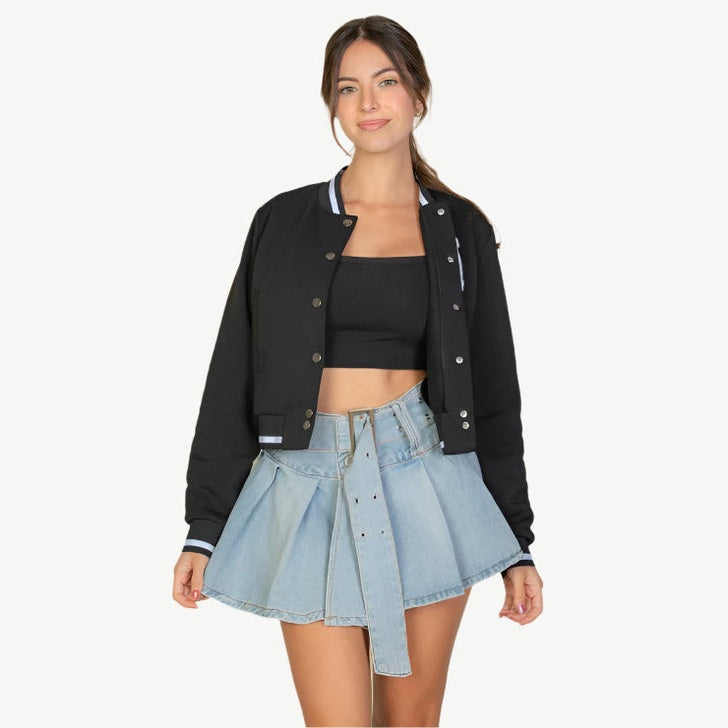 EZwear Letter Patched Crop Varsity Jacket
