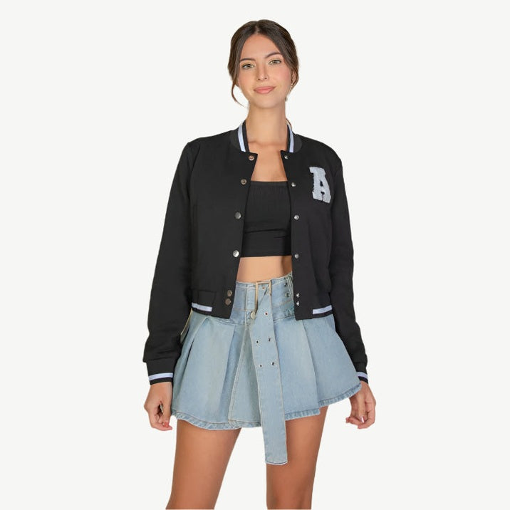 EZwear Letter Patched Crop Varsity Jacket