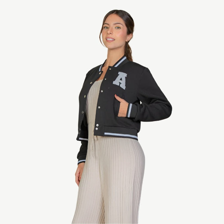EZwear Letter Patched Crop Varsity Jacket