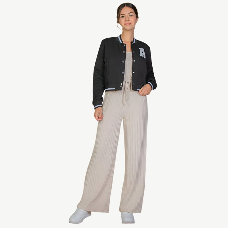 EZwear Letter Patched Crop Varsity Jacket