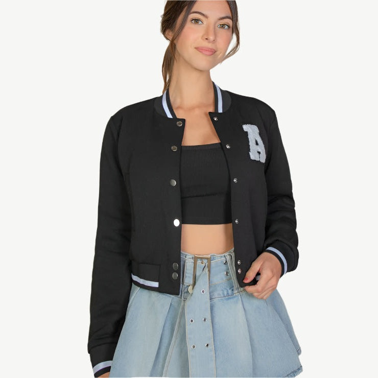 EZwear Letter Patched Crop Varsity Jacket