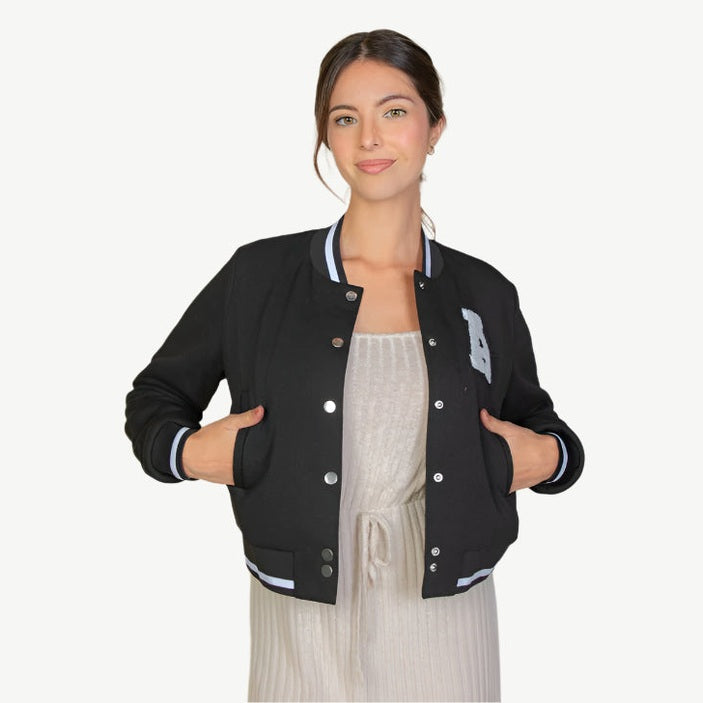 EZwear Letter Patched Crop Varsity Jacket