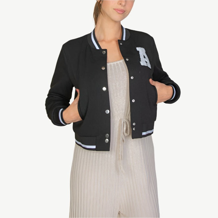 EZwear Letter Patched Crop Varsity Jacket