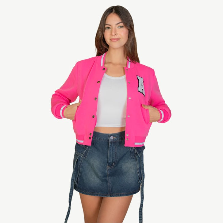 EZwear Letter Patched Crop Varsity Jacket