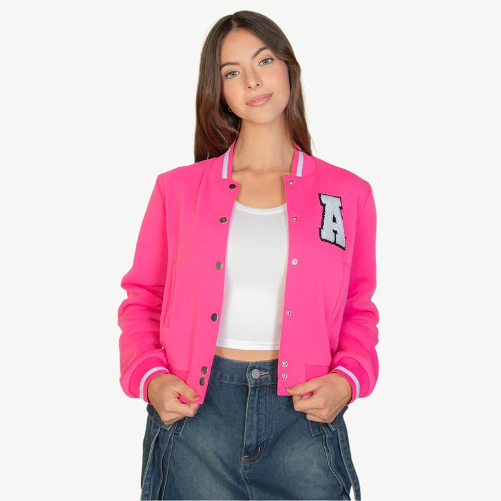 EZwear Letter Patched Crop Varsity Jacket