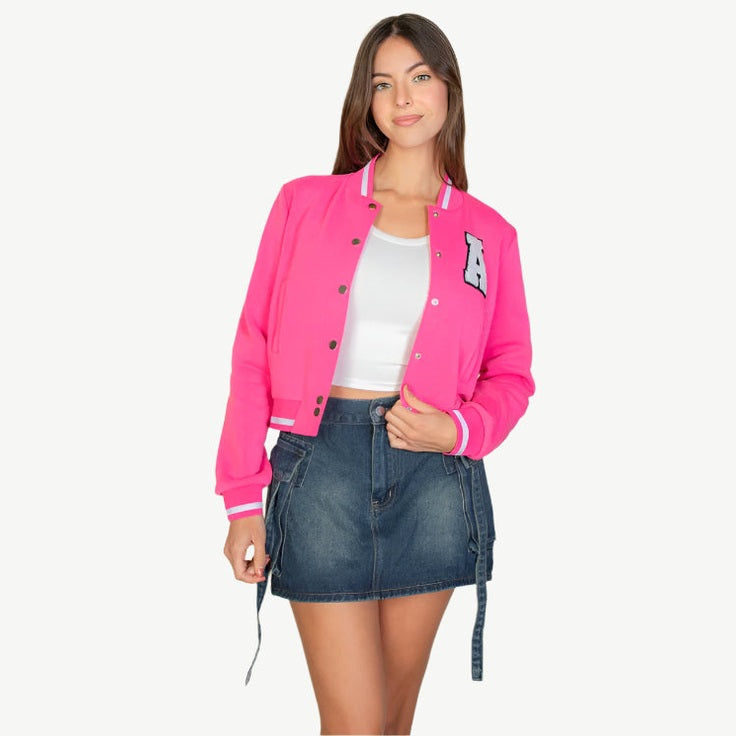 EZwear Letter Patched Crop Varsity Jacket
