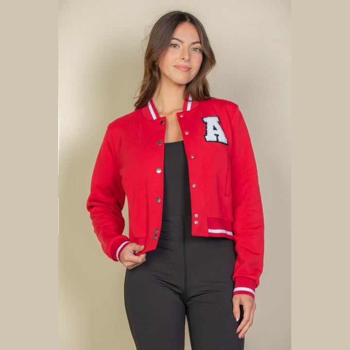 EZwear Letter Patched Crop Varsity Jacket