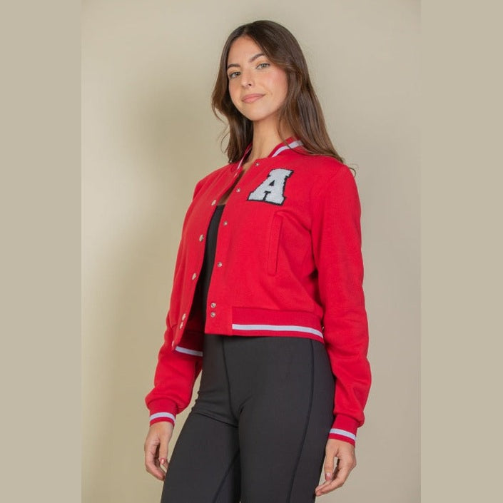 EZwear Letter Patched Crop Varsity Jacket