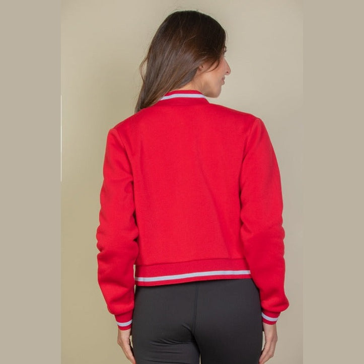 EZwear Letter Patched Crop Varsity Jacket