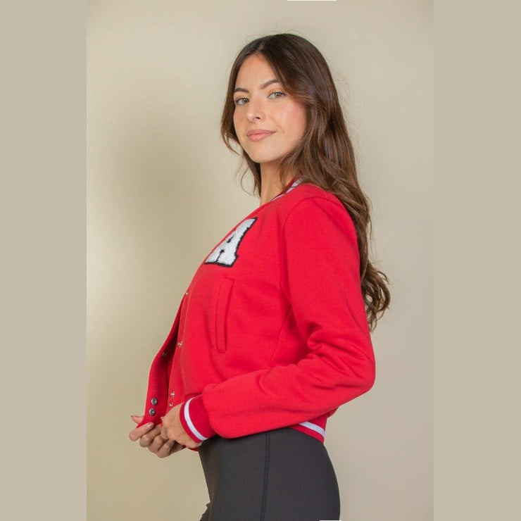 EZwear Letter Patched Crop Varsity Jacket