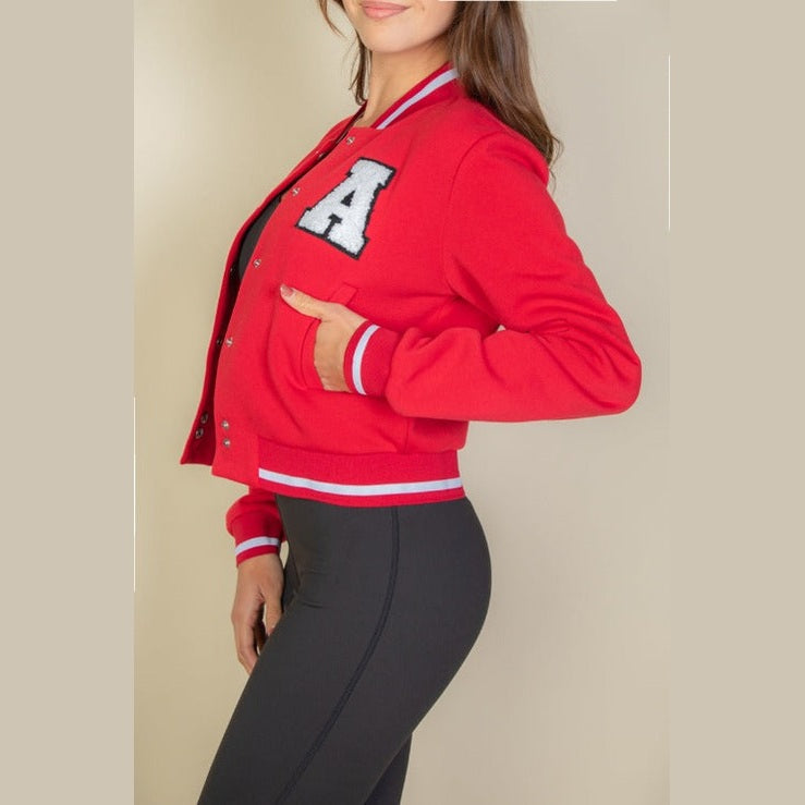 EZwear Letter Patched Crop Varsity Jacket
