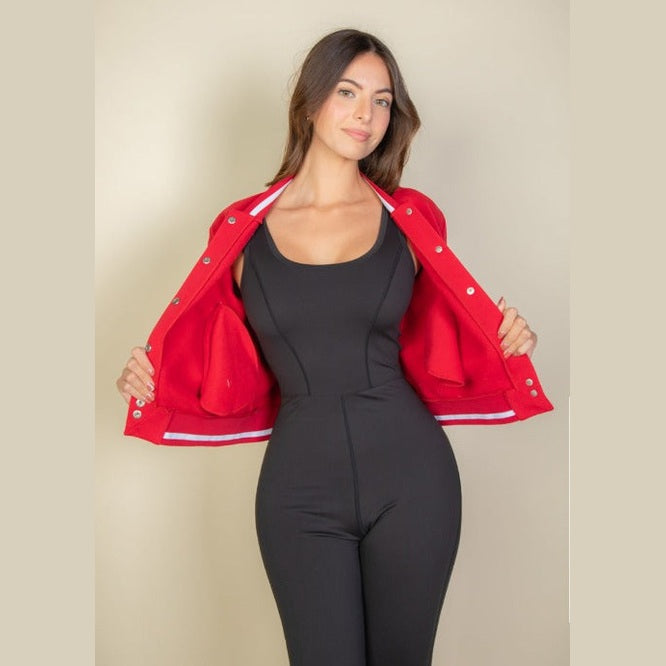 EZwear Letter Patched Crop Varsity Jacket