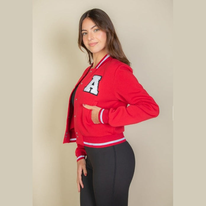 EZwear Letter Patched Crop Varsity Jacket