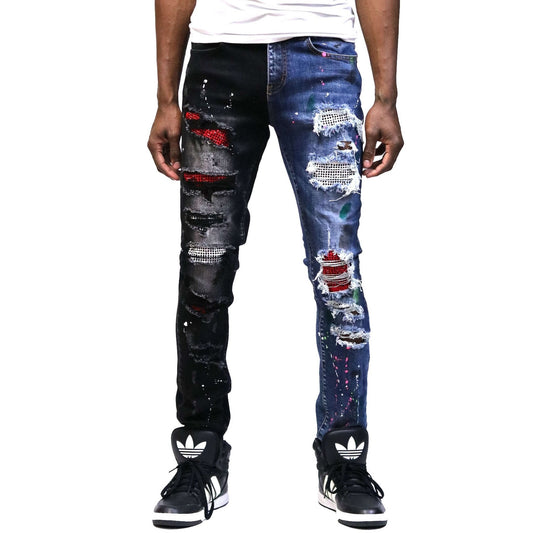 Men's heavy washed half and half two tone washing stretchable skinny denim pants with rhinestone details.