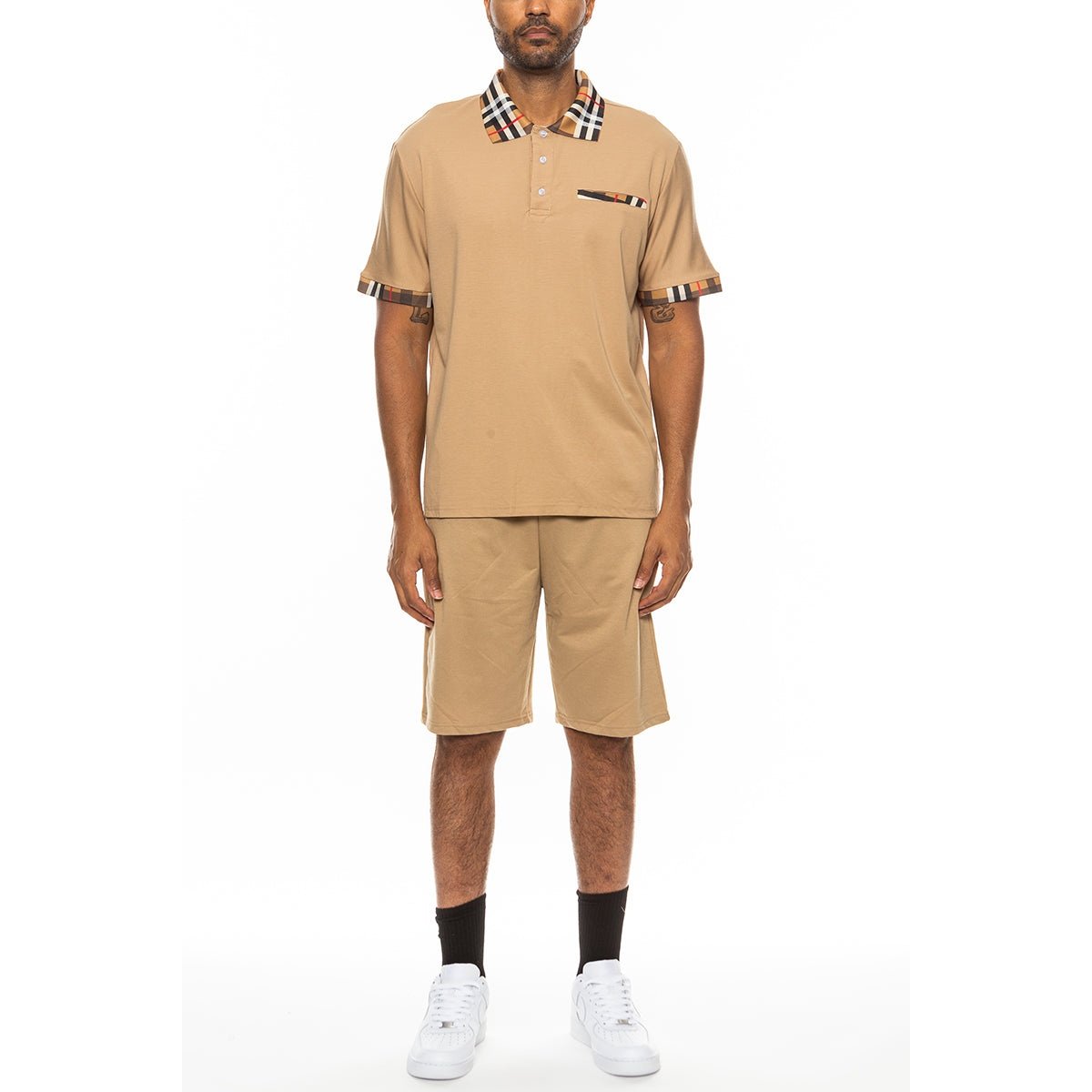 Checkered Detail Polo Short Set