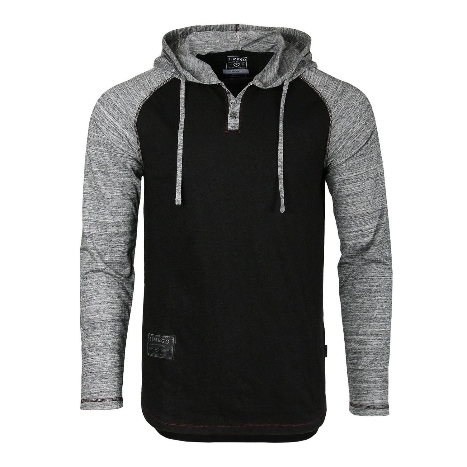 Long Sleeve Raglan Henley Round Bottom Hood T-Shirts - BLACK / BLACK