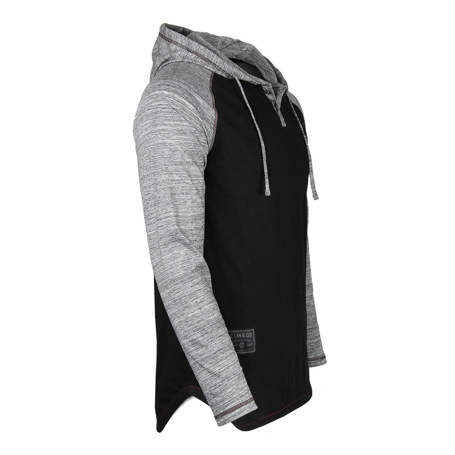 Long Sleeve Raglan Henley Round Bottom Hood T-Shirts - BLACK / BLACK