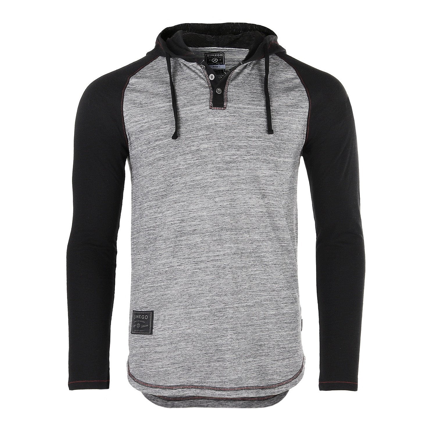Long Sleeve Raglan Henley Round Bottom Hood T-Shirts - BLACK / BLACK