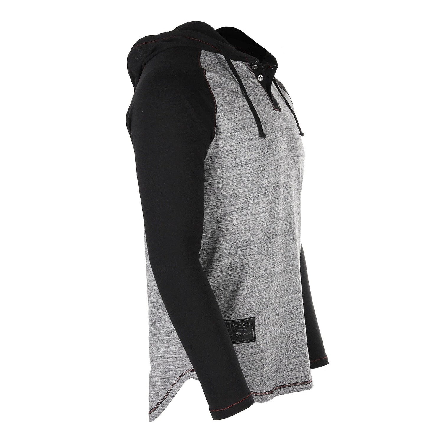 Long Sleeve Raglan Henley Round Bottom Hood T-Shirts - BLACK / BLACK