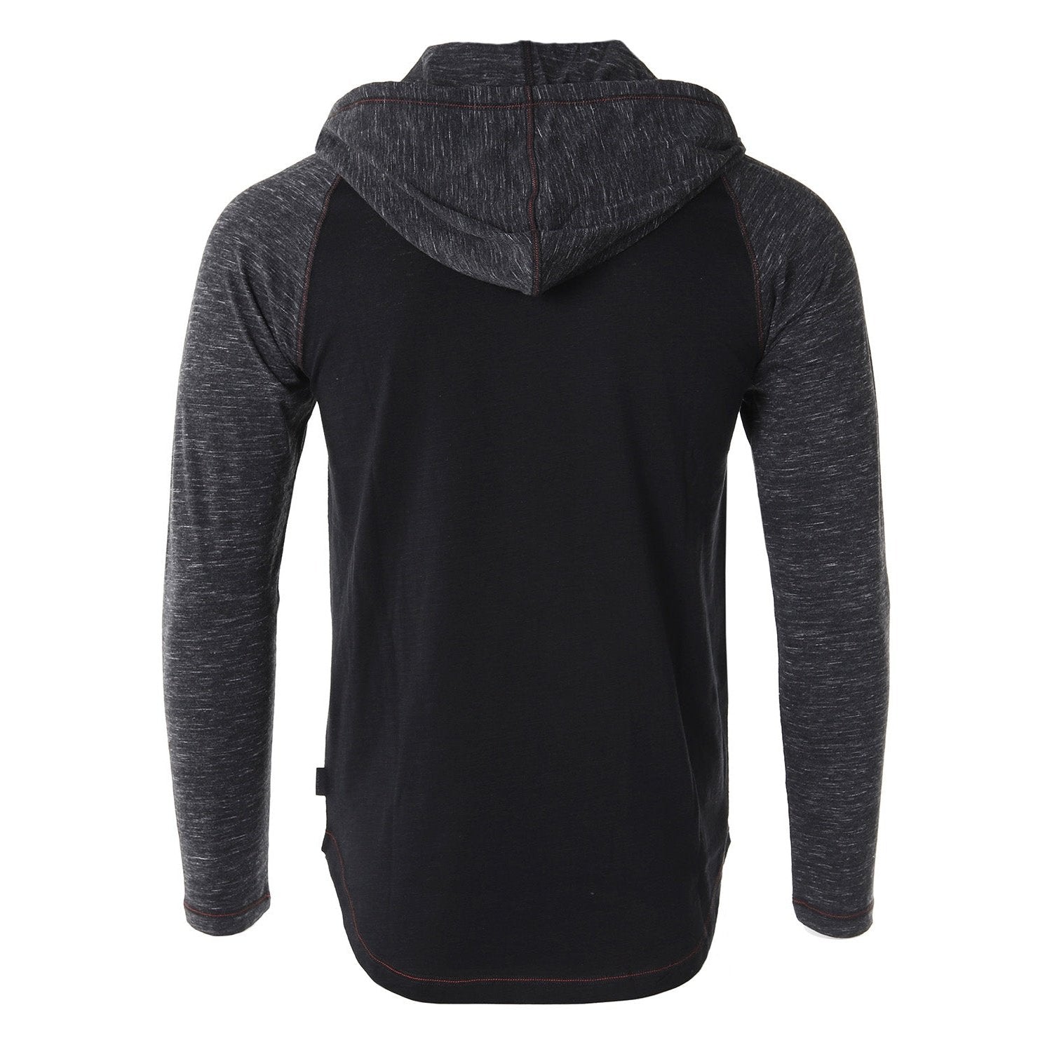 Long Sleeve Raglan Henley Round Bottom Hood T-Shirts - BLACK / BLACK