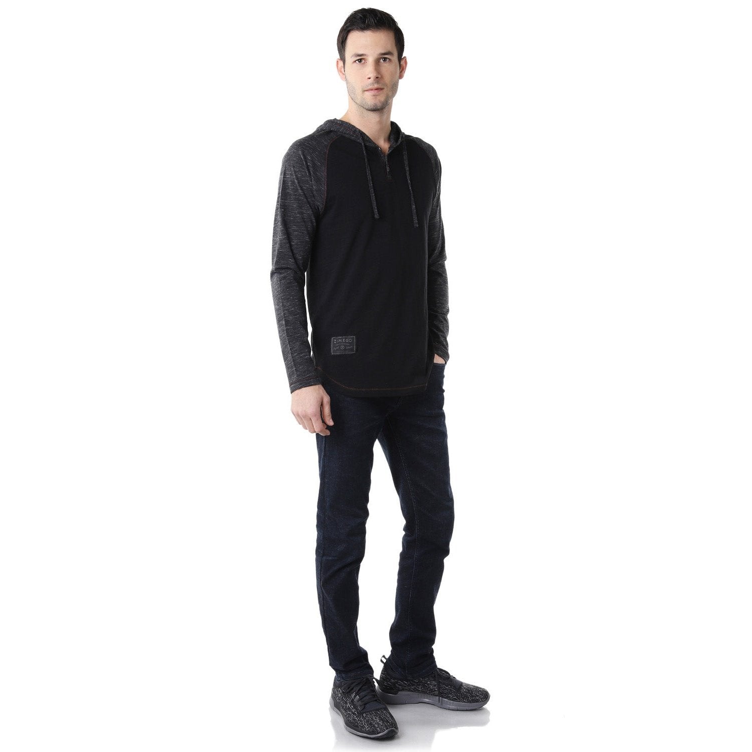 Long Sleeve Raglan Henley Round Bottom Hood T-Shirts - BLACK / BLACK