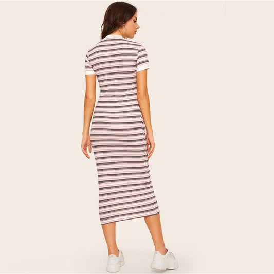 Contrast Neck & Cuff Striped Preppy Pencil Dress