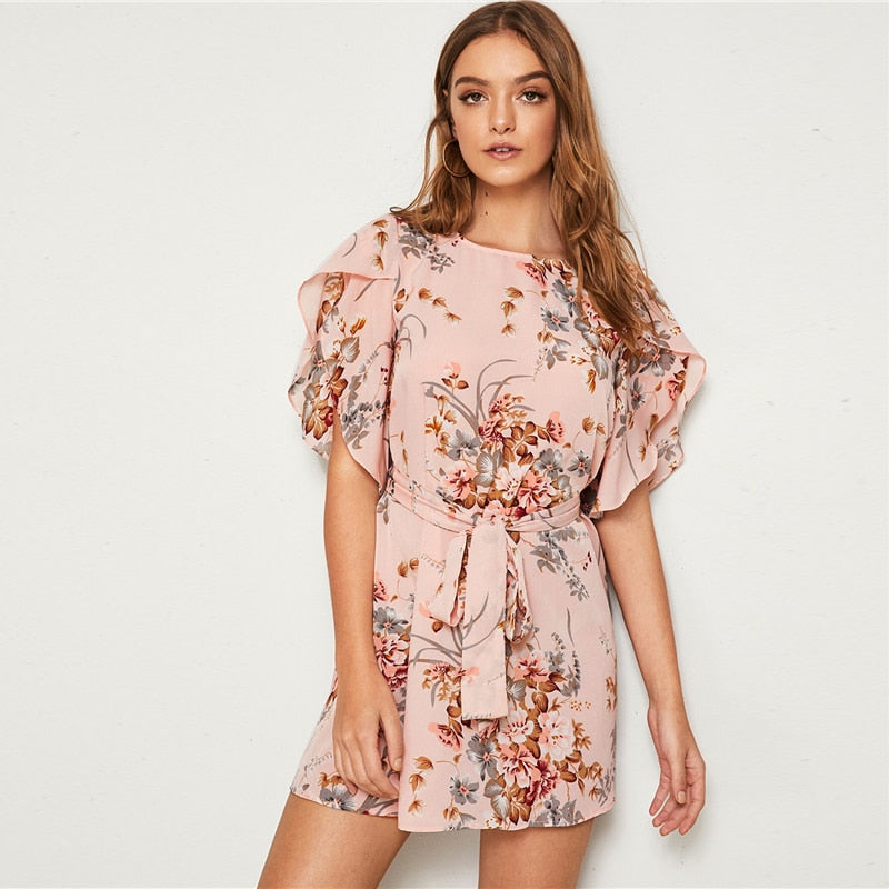 Pastel Pink Split Sleeve Self Belted Floral Print Dress Women Summer Boat Neck Bohemian Ladies Straight Short Dresses