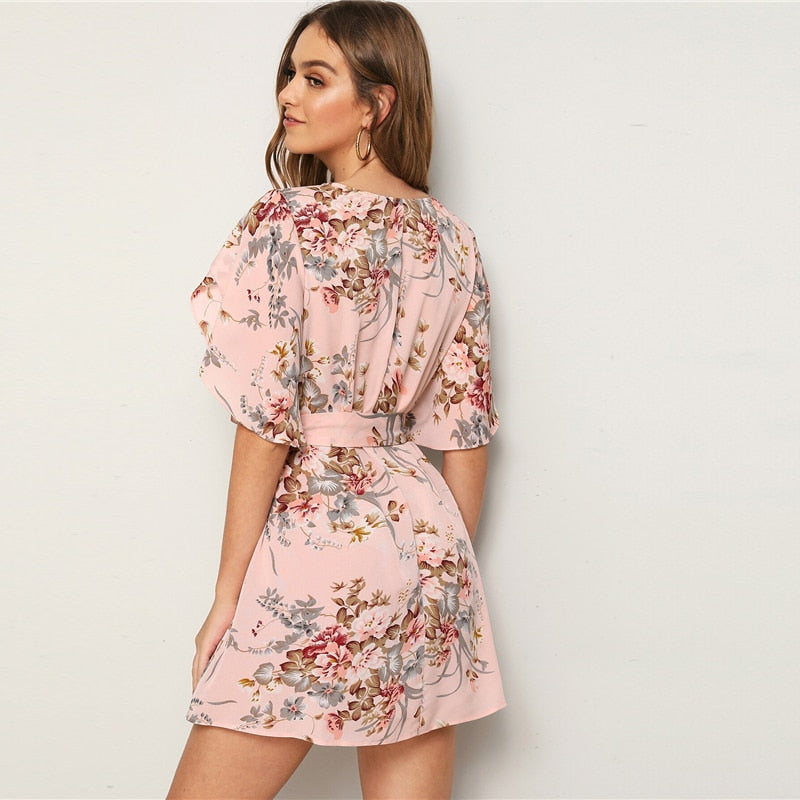 Pastel Pink Split Sleeve Self Belted Floral Print Dress Women Summer Boat Neck Bohemian Ladies Straight Short Dresses